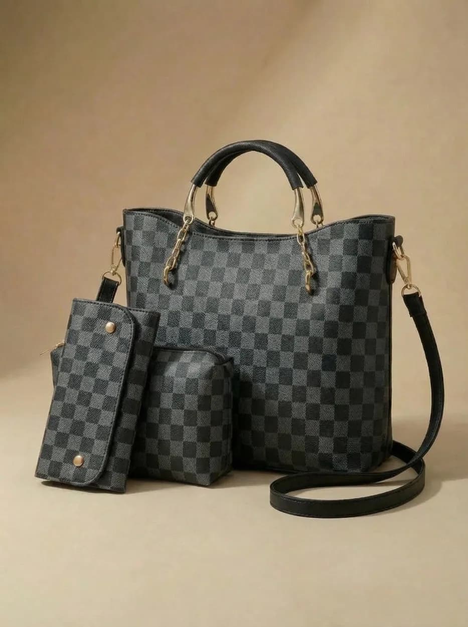 Black Checkered Tote Handbag for Women, view 1