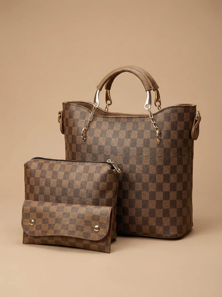 Brown Checkered Tote Handbag for Women, view 3