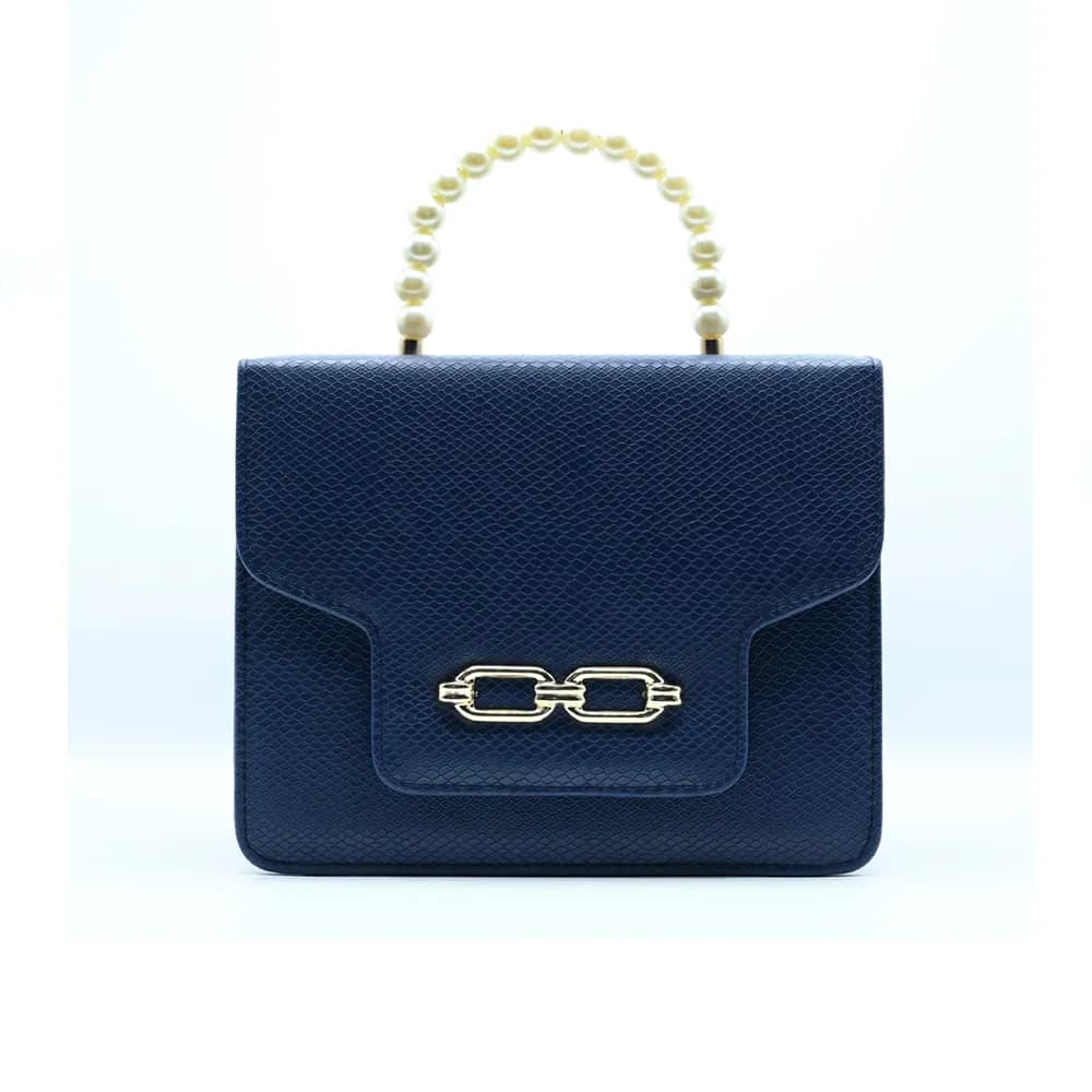 Lustre Pearl Tote – Chic Navy Blue Handbag with Pearl Handle, view 3