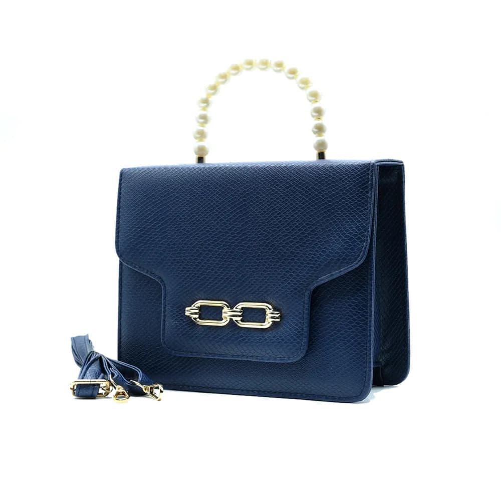 Lustre Pearl Tote – Chic Navy Blue Handbag with Pearl Handle, view 4