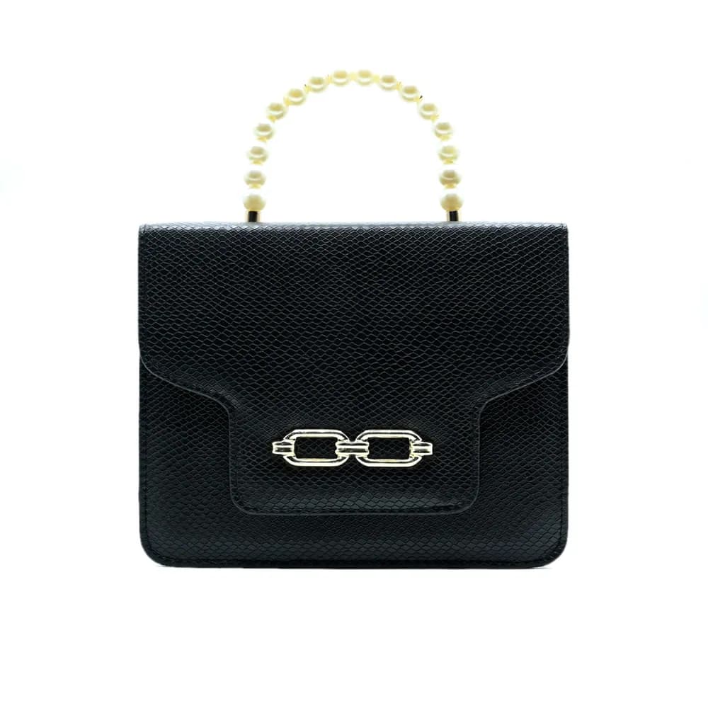 Lustre Pearl Tote – Classic Black Handbag with Pearl Handle, view 2