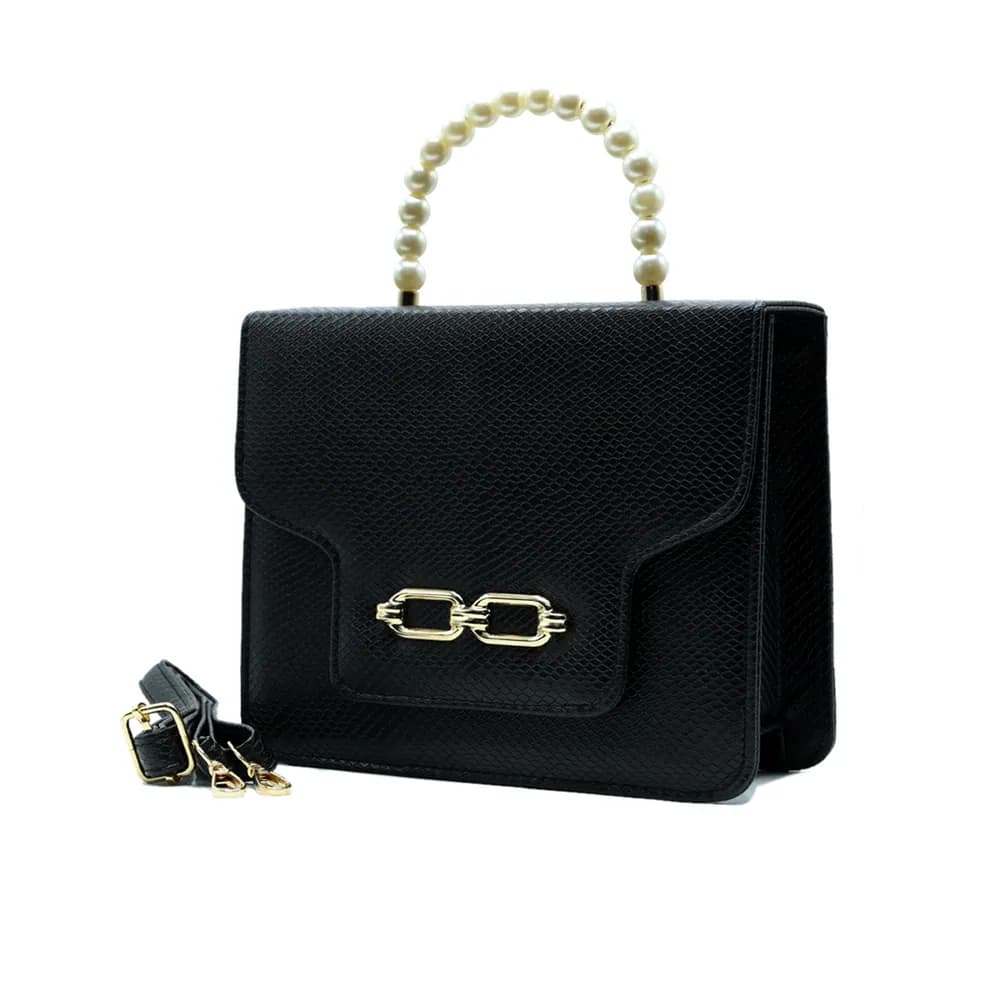 Lustre Pearl Tote – Classic Black Handbag with Pearl Handle, view 3