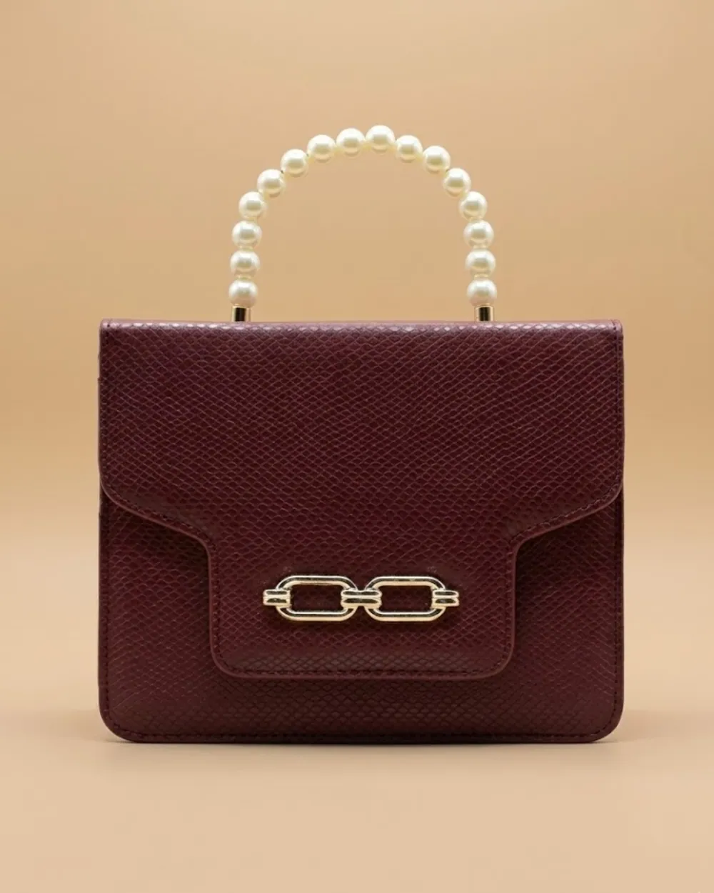 Lustre Pearl Tote – Elegant Maroon Handbag with Pearl Handle, view 1