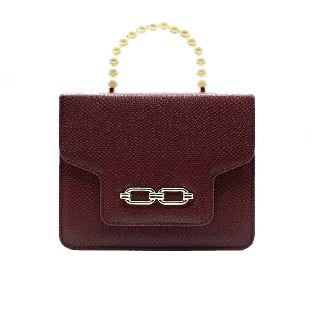 Lustre Pearl Tote – Elegant Maroon Handbag with Pearl Handle, view 2
