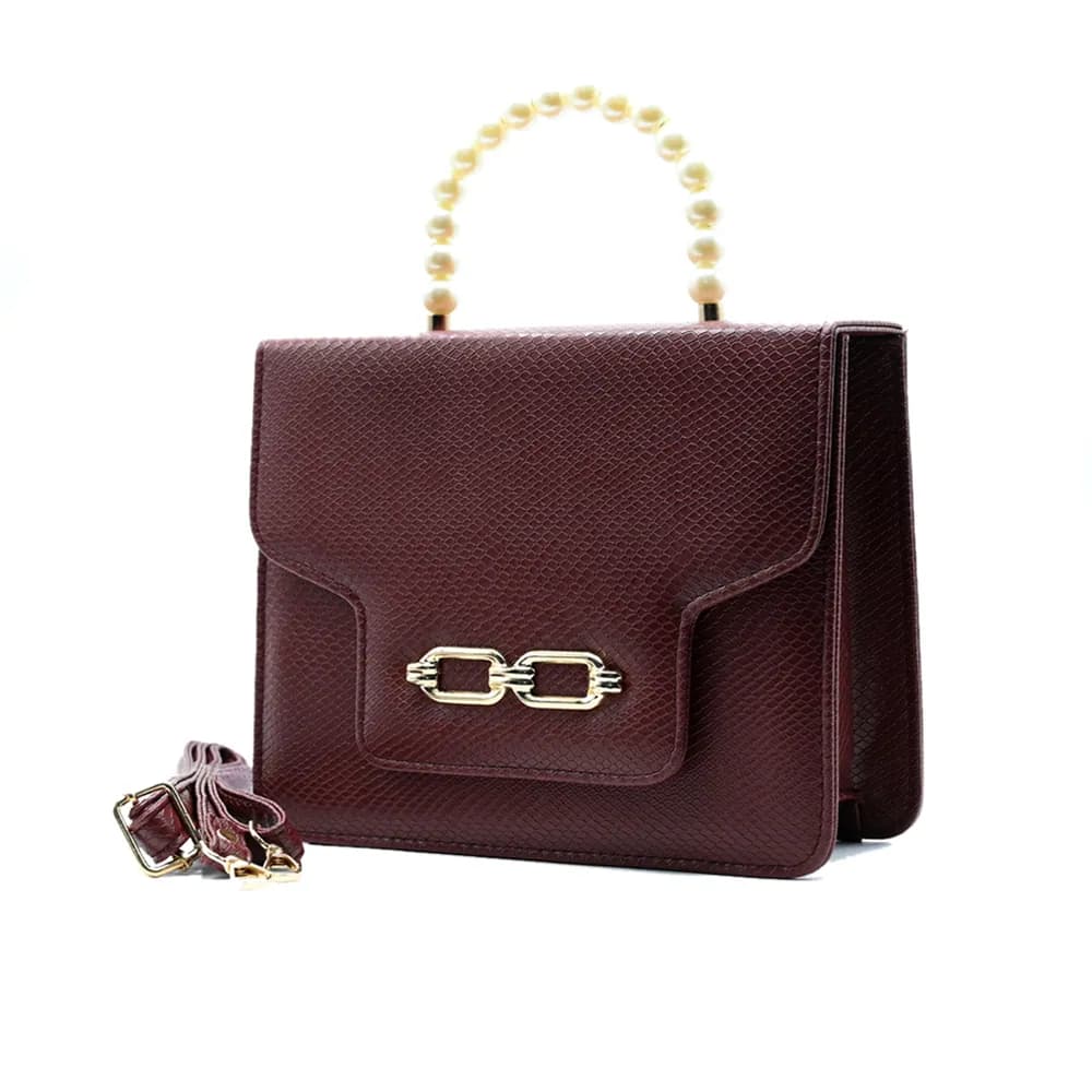 Lustre Pearl Tote – Elegant Maroon Handbag with Pearl Handle, view 3