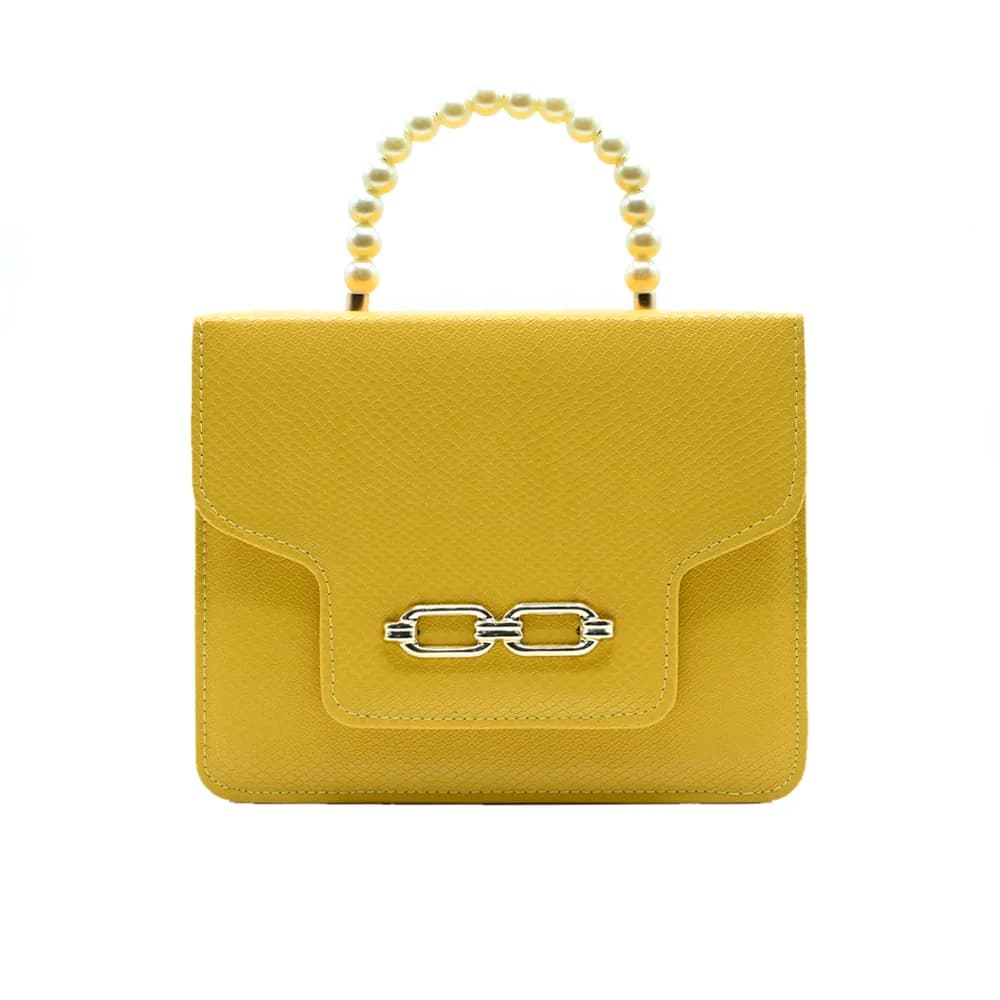 Lustre Pearl Tote – Vibrant Yellow Handbag with Pearl Handle, view 2