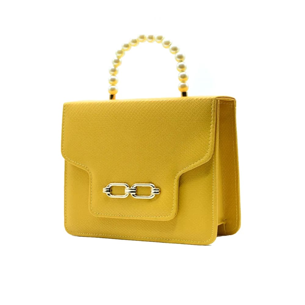 Lustre Pearl Tote – Vibrant Yellow Handbag with Pearl Handle, view 3