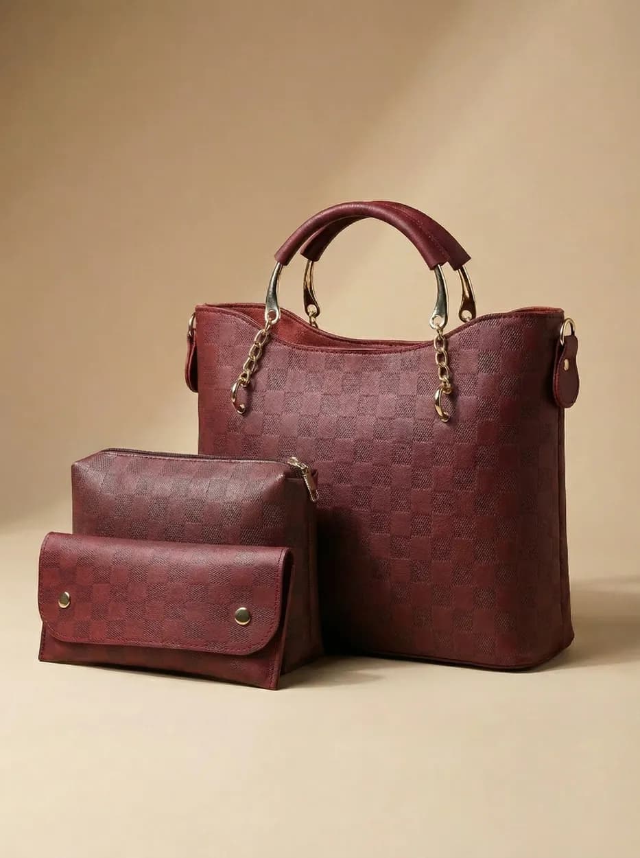 Maroon Checkered Tote Handbag for Women, view 2
