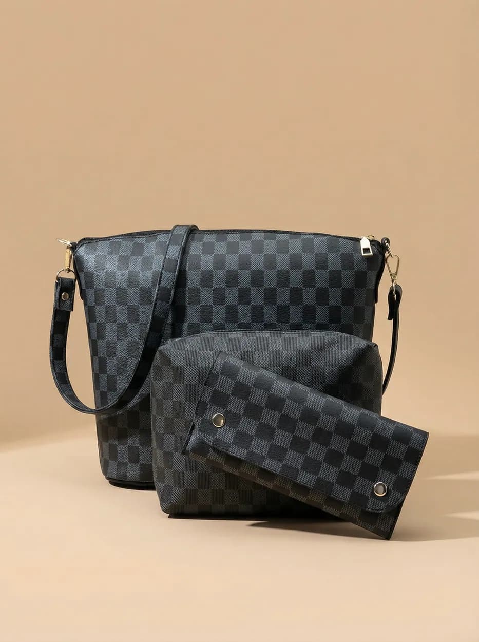 Chroma Check Shoulder Bag – Elegant Black Checkered Handbag with Long Strap, view 1
