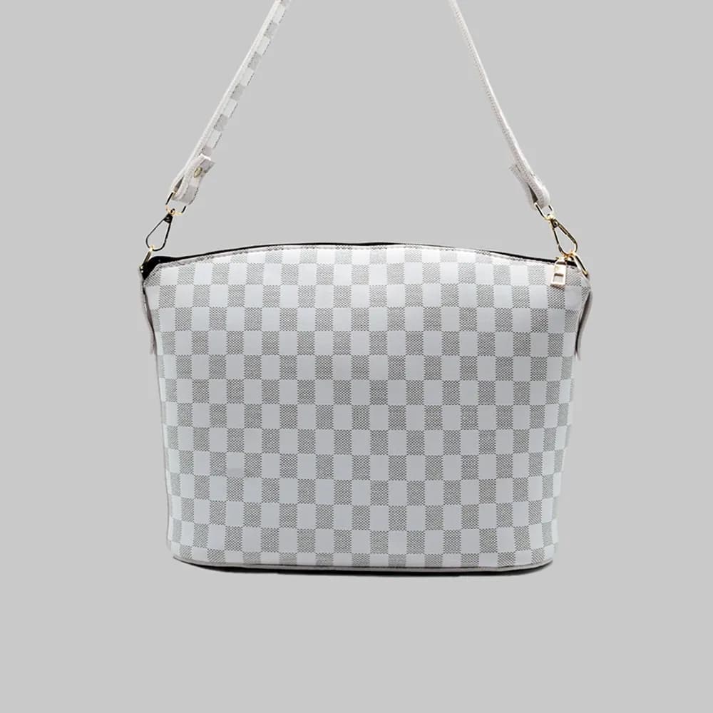 Chroma Check Shoulder Bag – Elegant White Checkered Handbag with Long Strap, view 1