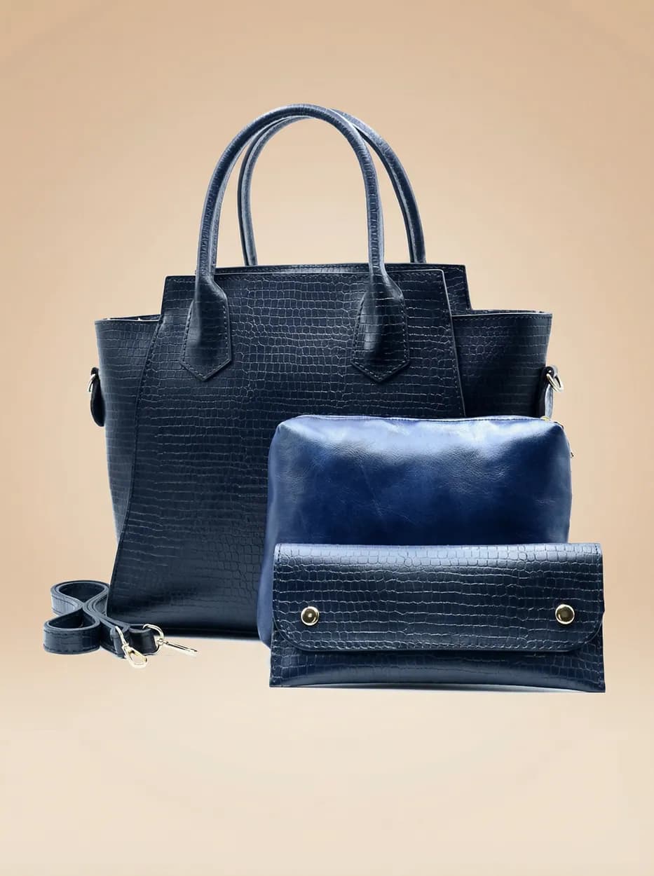 Aurora Box Tote Bag for Women – Navy Blue Structured Handbag with Long Strap & Pouch, view 1